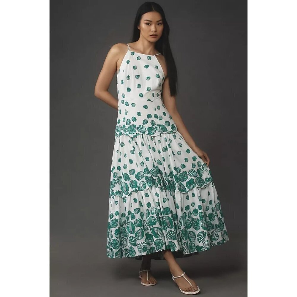 NWT Anthropologie Maeve Halter Tiered Lined Maxi Dress Green Seashells Size M